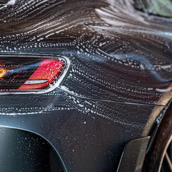 Rückansicht eines glänzenden Autos mit Seifenlauge, während der Wagen von einer Person gereinigt wird.