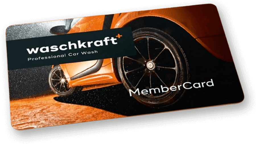 waschkraft MemberCard mit Auto und Felge im Hintergrund.