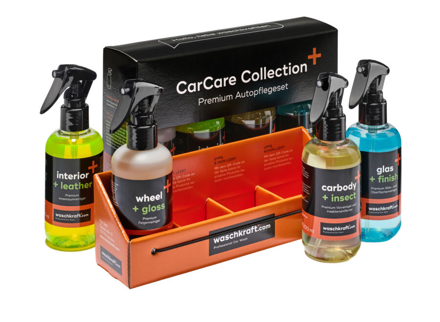 CarCare Collection von waschkraft, bestehend aus vier verschiedenen Premium-Autopflege-Produkten in Sprühflaschen, präsentiert in einer schwarzen und orangefarbenen Verpackung.